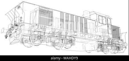 Lokomotive, Zug. EPS 10-Format. Wire-Frame Vector erstellt von 3d Stock Vektor