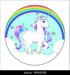 Lustige kleine Einhorn Pony mit pinkfarbenen und blauen Mähne, und Sterne, unicorn Happy Birthday Card, Kuchen Bild Stock Vektor