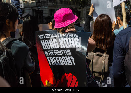 London, Großbritannien, 17. August 2019: Frau hält einen Banner zur Unterstützung von Hong Kong bei der britischen Solidarität mit Hong Kong Rallye. Stockfoto