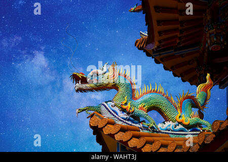 Schöne Drachen Statuen an der Zizhu Tempel oder Lila Bambus Tempel, wie es ist mit einem Sternenhimmel bekannt. In Kaohsiung, Taiwan, Republik China. Stockfoto