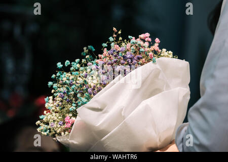 Hand Bukett von getrockneten gypsophila Blumen in Papier gewickelt Stockfoto