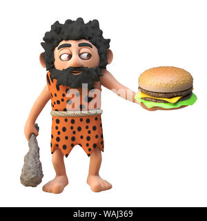 Lustiges 3d prähistorischen caveman Zeichentrickfigur Holding ein Käse Burger und Verein, 3d-Grafik rendern Stockfoto