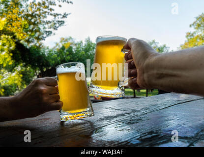 Der Toast mit zwei Gläsern Bier Stockfoto