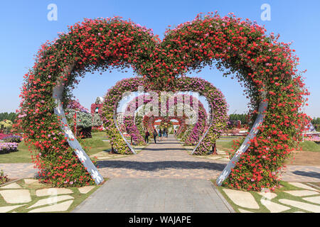 Dubai, VAE. Herz geformte Bögen in Blumen an Dubais Wunder Garten bedeckt, der größten natürlichen flower garden in der Welt. (Redaktionelle nur verwenden) Stockfoto