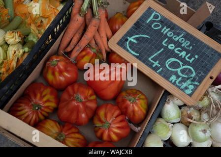 Italien, Piemont, Alba, reife Tomaten in einem Markt im Freien Stockfoto