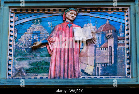 Societa Dante Alighieri Gesellschaft Gebäude unterzeichnen. Domenico di Michelino Dante Göttliche Komödie Malerei, Florenz, Italien. Malerei erstellt 1465 Stockfoto