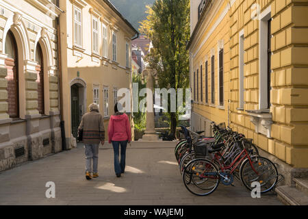 Slowenien, Ljubljana. Paar Vergangenheit abgestellte Fahrräder, eine beliebte Form der Transport innerhalb der traditionellen Zentrum der Stadt. Stockfoto