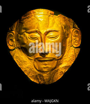 Golden Beerdigung Maske des Agamemnon, Archäologisches Museum, Athen, Griechenland. Maske 1550 bis 1500 v. Chr. aus Mykene Griechenland,. Stockfoto