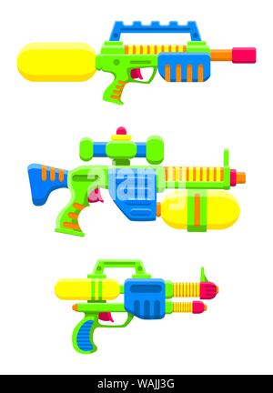 Set mit Wasserpistolen. Helle mehrfarbige Kinderspielzeug. Isoliertes Objekt. Flache Vektorgrafik auf weißem Hintergrund Stock Vektor