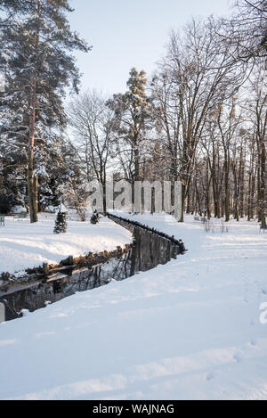 Winterlandschaft mit Mlynka Creek, Schnee, Bäume und der blaue Himmel im Park Bozeny Nemcove öffentlichen Park in Karvina Stadt in der Tschechischen Republik Stockfoto