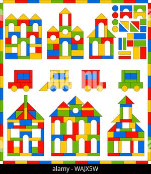 Spiel Satz von Bausteinen in verschiedenen Formen und Farben für Kinder. Lernspiel, um die Form, Farbe, Entwicklung der Phantasie zu studieren Stock Vektor