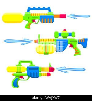 Set mit Wasserpistolen. Helle mehrfarbige Kinderspielzeug. Isolierte Objekte. Flache Vektorgrafik auf weißem Hintergrund. Stock Vektor