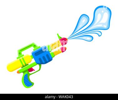 Wasserpistole schießen. Helle mehrfarbige Kinder-Spielzeug. Isoliertes Objekt. Flache Vektorgrafik auf weißem Hintergrund. Stock Vektor