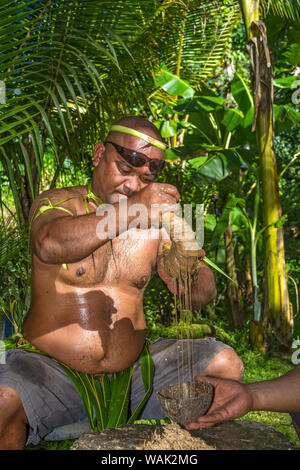 Kosrae, Mikronesien (FSM). Man zusammendrücken Bambus Streifen mit Kava Kava trinken root im Inneren zu machen. (MR) Stockfoto