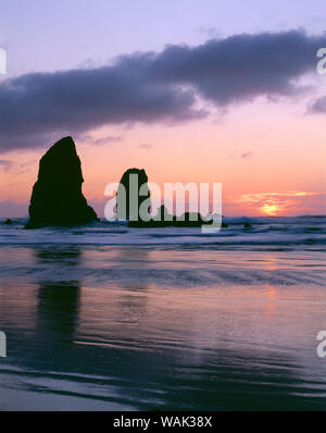 USA, Oregon, Cannon Beach. Sea Stacks aufgerufen die Nadeln in Tide reflektieren-gewaschenen Sand bei Sonnenuntergang. Stockfoto