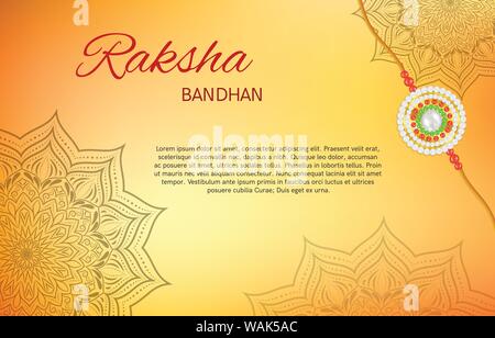 Raksha Bandhan indischen Urlaub Design mit handschriftlichen Text. Rakhi in der Ecke mit Perlen dekoriert. Mandala auf Gelb und Orange gradient backgrou Stock Vektor