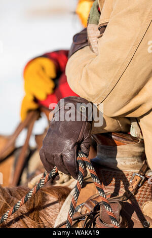 Reiten und Fahren im Winter auf Versteck Ranch, Shell, Wyoming. Cowgirl im Sattel. Stockfoto