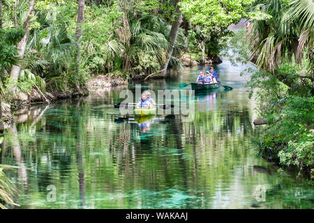 Familie Kajak fahren und Rudern auf dem silbernen Fluß, Silver Springs State Park, Silver Springs, Florida, USA Stockfoto