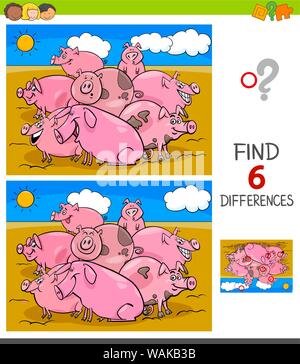 Cartoon Illustration des Findens von sechs Unterschiede zwischen den Bildern Lernspiel für Kinder mit Schweine Tier Zeichen Stock Vektor