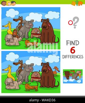 Cartoon Illustration des Findens von sechs Unterschiede zwischen den Bildern Lernspiel für Kinder mit Hunden tierischen Zeichen Stock Vektor