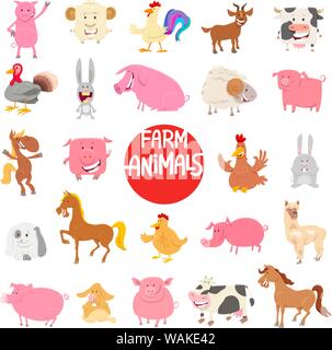 Cartoon Illustration Cute Funny Farm Animal Zeichen großer Satz Stock Vektor