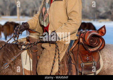 Cowboy Pferd Antrieb auf Versteck Ranch, Shell, Wyoming. Cowgirl im Sattel. Stockfoto