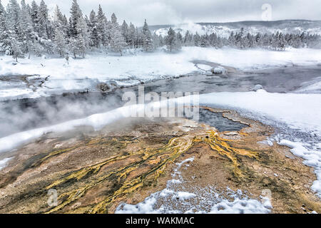 USA, Wyoming, Yellowstone National Park, Upper Geyser Basin, Herz Frühling. Das Mineral beladenen Abfluss Form der chromatischen Frühjahr sehr bunt ist, da es über dem Feuer Loch Fluss sitzen. Stockfoto