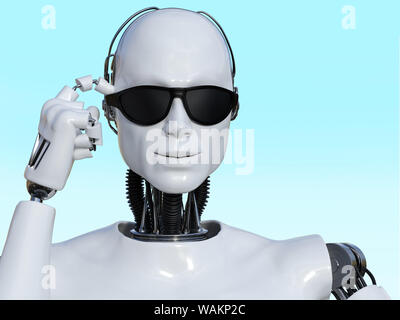 3D-Rendering eines männlichen Roboter suchen Cool und entspannt, ein Paar schwarze Sonnenbrille. Stockfoto