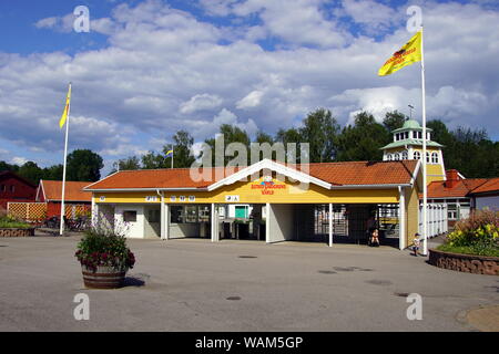 Vimmerby, Smaland, Schweden - August 2, 2019: Öffentliche Eingang des Schwedischen Freizeitpark Astrid Lindgrens Welt. Stockfoto