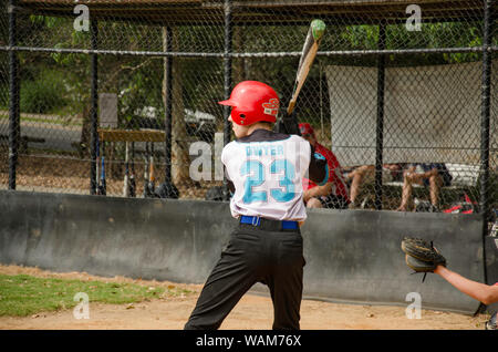 Eine junge 18-jährige Australische männliche Baseball spieler an einem Samstag Spiel in Sydney, Australien Stockfoto