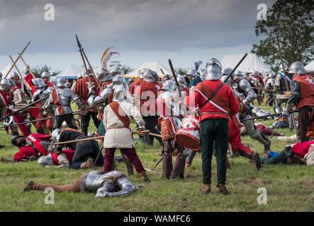 Bosworth Battlefield mittelalterlichen Re-enactment Veranstaltung, wo 1485 Henry Tudor besiegt König Richard III., Leicestershire, Großbritannien Stockfoto