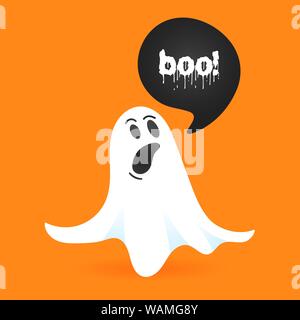 Flying halloween Lustige spooky ghost Charakter sagen BUH mit Text in der Sprechblase Vector Illustration auf orange Hintergrund isoliert Stock Vektor
