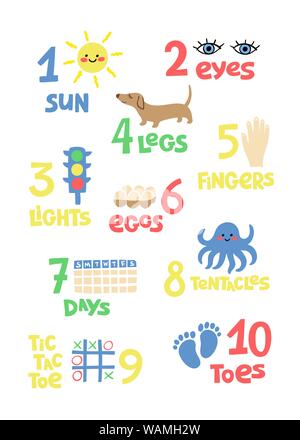 Zahlen und Zählen Praxis druckbare Poster, Arbeitsblatt für Vorschule, Kindergarten Kinder. Bunte zahlen Flashcard für Kinder lernen zu zählen. Stock Vektor