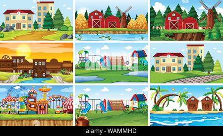 Satz von Szenen in der Natur Einstellung Abbildung Stock Vektor