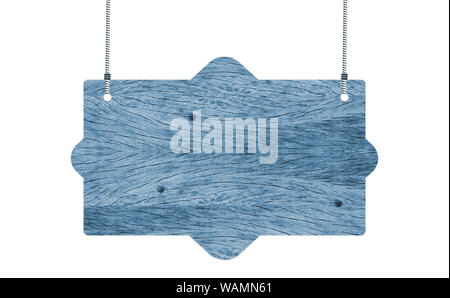 Holz- Schild hängen mit Seilen auf weißem Hintergrund Stockfoto