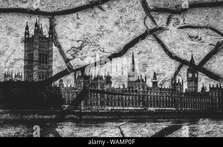 Houses of Parliament und Big Ben in London mit Rissen in Schwarzweiß-Brexit Thema überlagert Stockfoto