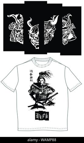 Japanische samourai mit Schwert-Vector Illustration - Bedeutung der japanischen Zeichen: Krieg, Sieg Stock Vektor