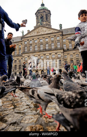 Touristen, die Fütterung der Tauben in den Dam Platz im Zentrum von Amsterdam. Stockfoto