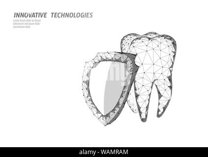 Low Poly Zahn Schutz medizinisches Konzept. Hohlraum verhindern Abschirmung Zahnpasta. Emaille Wiederaufbau der Gesundheitsversorgung. Polygonale gesunde Zahnheilkunde Verfahren Stock Vektor