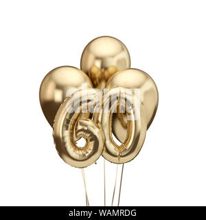 60. Geburtstag gold Folie Bündel Luftballons. Alles Gute zum Geburtstag. 3D-Rendering Stockfoto