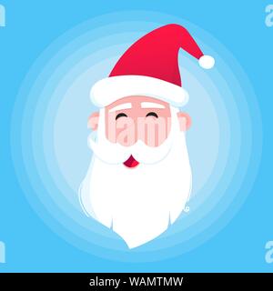 Santa Claus Kopf mit Hut, Bart und lächelndes Gesicht flacher Stil Charakter Vector Illustration. Heiligabend Maskottchen Symbol isoliert auf Hellblau backgro Stock Vektor