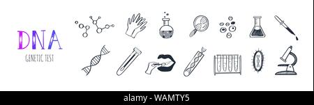Gentechnik und medizinische Forschung vektor Infografik Symbole. DNA-Helix, Genom Prüfung Elemente. Chemisches Labor Konzept Stock Vektor