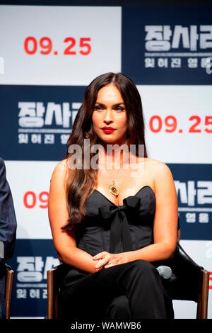 Megan Fox, 21. August 2019: Hollywoodstar Megan Fox nimmt ein Schaufenster für ihren neuen Film "Schlacht von Jangsari' an einem Theater in Seoul, Südkorea. Die koreanische Film erzählt die Geschichte einer Gruppe von 772 Koreanische student Soldaten, die gegen Nordkorea während der 1950-53 Koreakrieg gekämpft. Es wird Koreanischen Bildschirme schlug am 25. September. Quelle: Lee Jae-Won/LBA/Alamy leben Nachrichten Stockfoto