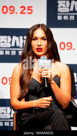 Megan Fox, 21. August 2019: Hollywoodstar Megan Fox nimmt ein Schaufenster für ihren neuen Film "Schlacht von Jangsari' an einem Theater in Seoul, Südkorea. Die koreanische Film erzählt die Geschichte einer Gruppe von 772 Koreanische student Soldaten, die gegen Nordkorea während der 1950-53 Koreakrieg gekämpft. Es wird Koreanischen Bildschirme schlug am 25. September. Quelle: Lee Jae-Won/LBA/Alamy leben Nachrichten Stockfoto