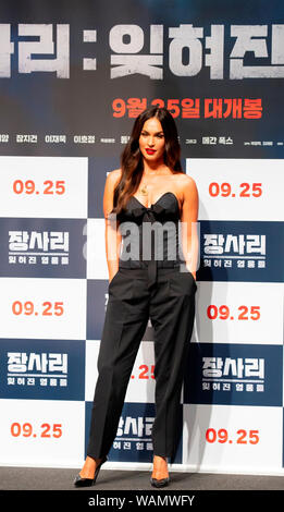 Megan Fox, 21. August 2019: Hollywoodstar Megan Fox nimmt ein Schaufenster für ihren neuen Film "Schlacht von Jangsari' an einem Theater in Seoul, Südkorea. Die koreanische Film erzählt die Geschichte einer Gruppe von 772 Koreanische student Soldaten, die gegen Nordkorea während der 1950-53 Koreakrieg gekämpft. Es wird Koreanischen Bildschirme schlug am 25. September. Quelle: Lee Jae-Won/LBA/Alamy leben Nachrichten Stockfoto