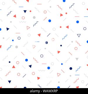 Abstract verschiedene geometrische Formen Muster Dreiecke, Kreise, Punkte, Linien auf weißem Hintergrund. Memphis Stil. Vector Illustration Stock Vektor