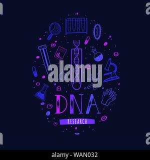 Vector Illustration, Poster mit Ausrüstung für DNA-Tests, Forschung und hand Schrift gezeichnet. Konzeption für chemische, biologische und medicina Stock Vektor