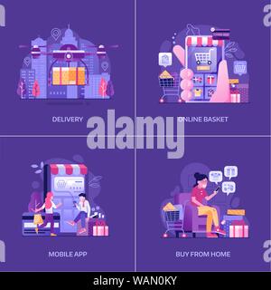 Die mobile und digitale Shopping Ad Szenen in flachen Stock Vektor