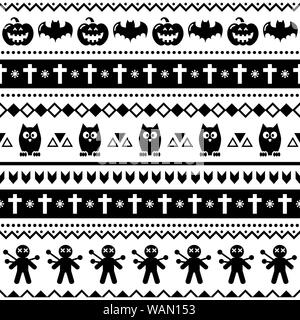 Halloween nahtlose Vektor Muster mit Fledermäuse, Eulen und Kürbisse - Tribal, Aztec Drucken im Hintergrund Stock Vektor