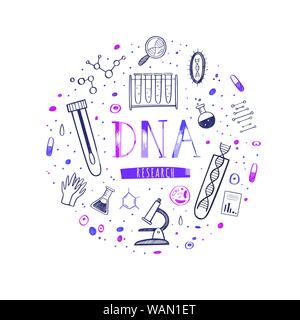 Vector Illustration, Poster mit Ausrüstung für DNA-Tests, Forschung und hand Schrift gezeichnet. Konzeption für chemische, biologische und medicina Stock Vektor